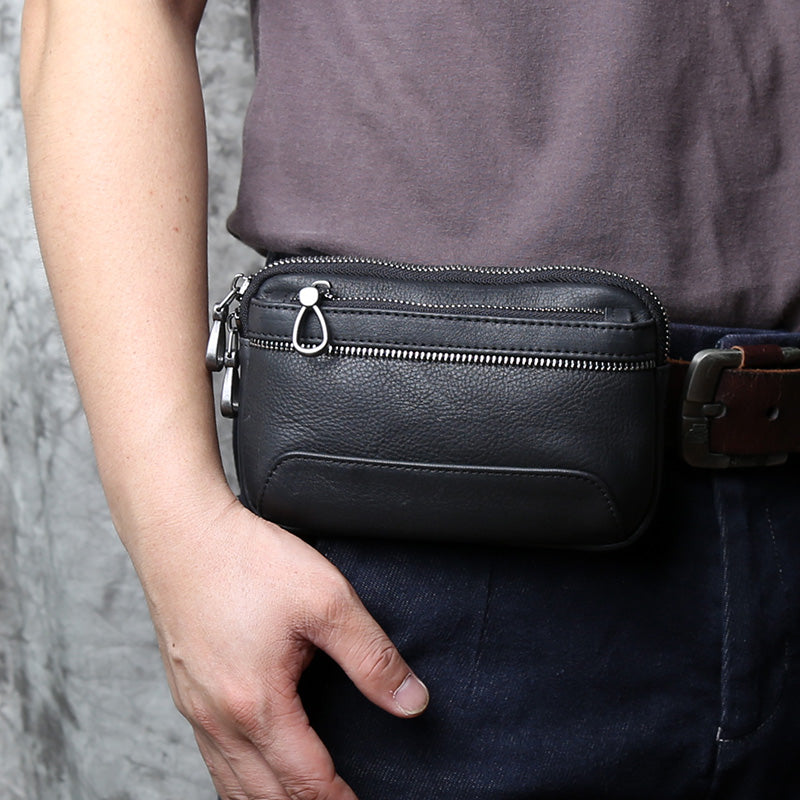 EDC Men's Full-Grain Leather Cell Phone Belt Bag - Multi-Functional Casual Waist Pack with ID Holder