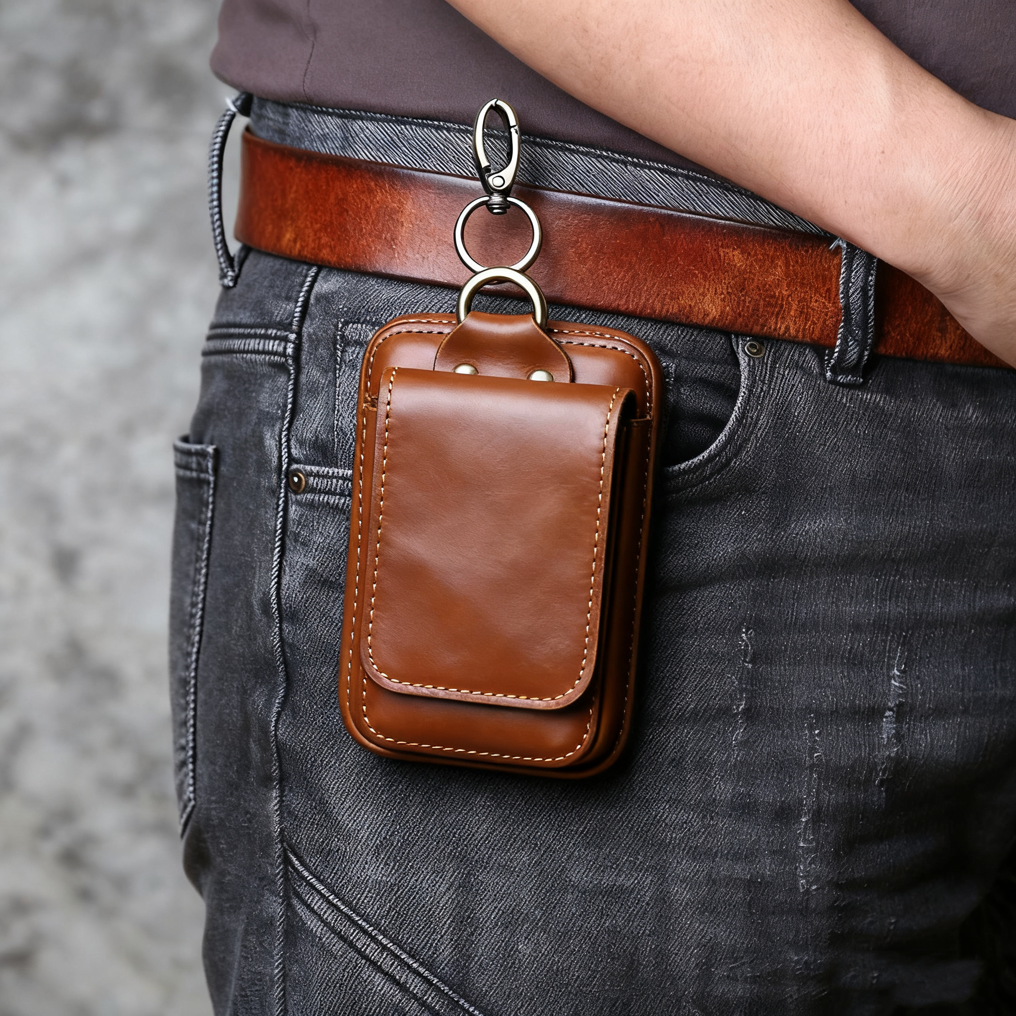 EDC Vintage Full-Grain Crazy Horse Leather Men's Belt Waist Pack - Multi-Functional Crossbody Phone Pouch