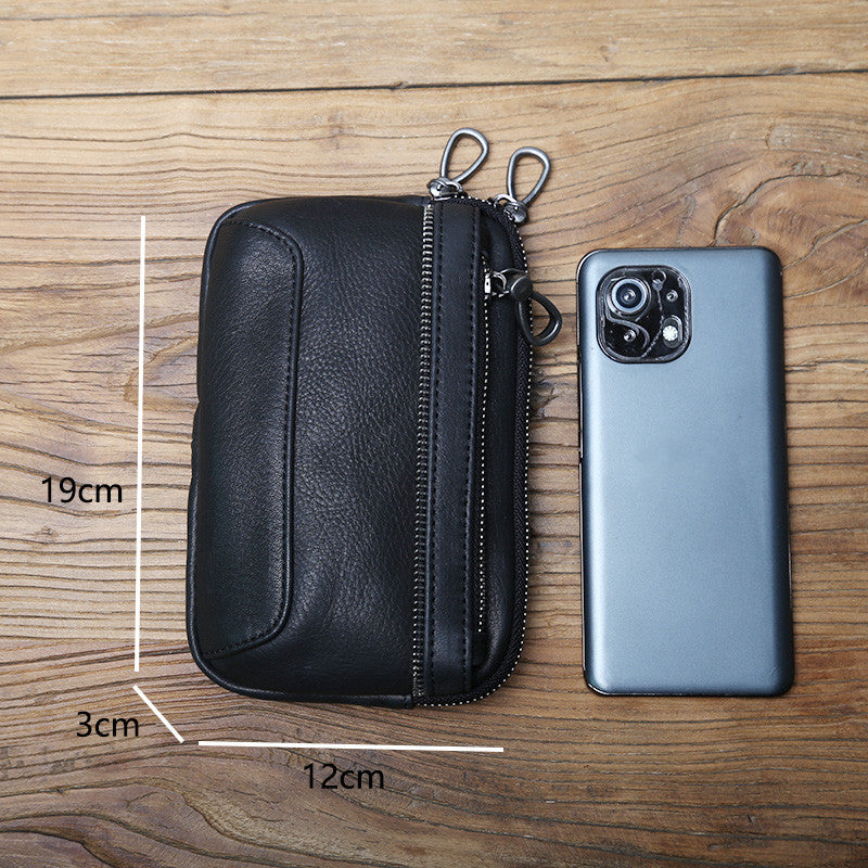 EDC Men's Full-Grain Leather Cell Phone Belt Bag - Multi-Functional Casual Waist Pack with ID Holder