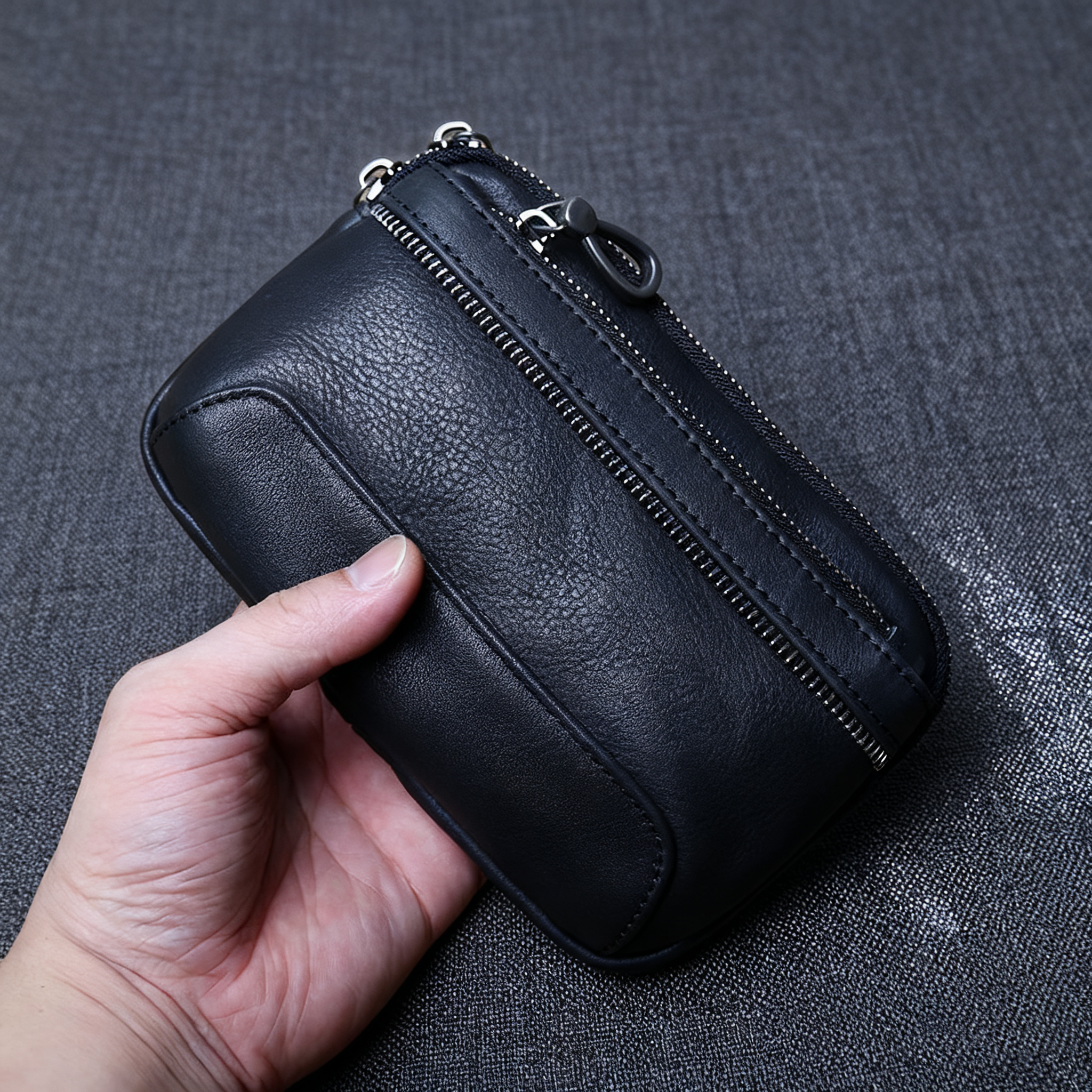 EDC Men's Full-Grain Leather Cell Phone Belt Bag - Multi-Functional Casual Waist Pack with ID Holder