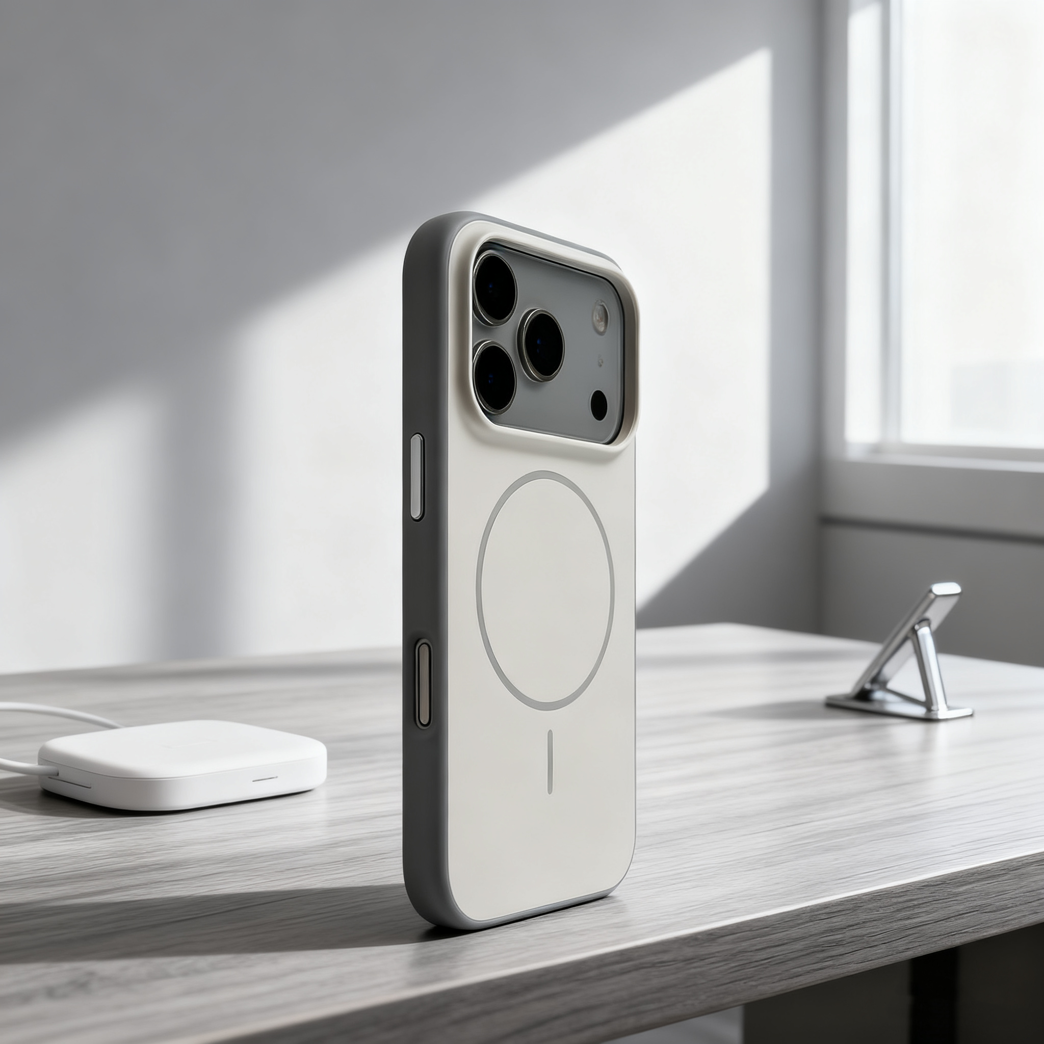 EDC iPhone 17 Pro Max Case - Gray/White Matte Skin-Feel MagSafe-Compatible Slim Ring Shockproof Eco-Silicone Full Camera Shield