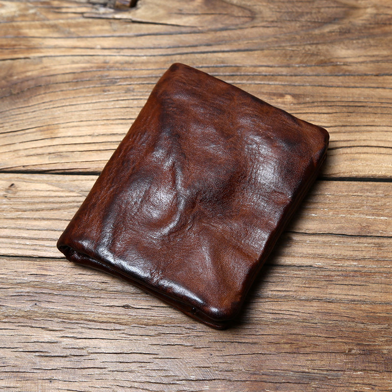 EDC Men's Handmade Burnished Vegetable-Tanned Leather Vertical Wallet - Full-Grain Cowhide Retro Card Holder