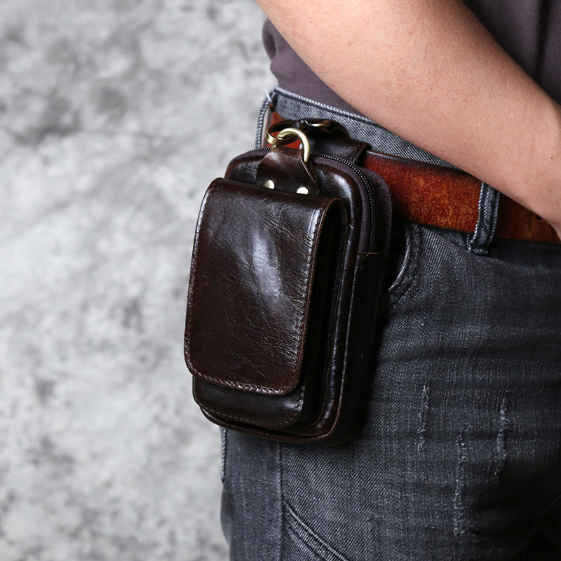 EDC Vintage Full-Grain Crazy Horse Leather Men's Belt Waist Pack - Multi-Functional Crossbody Phone Pouch
