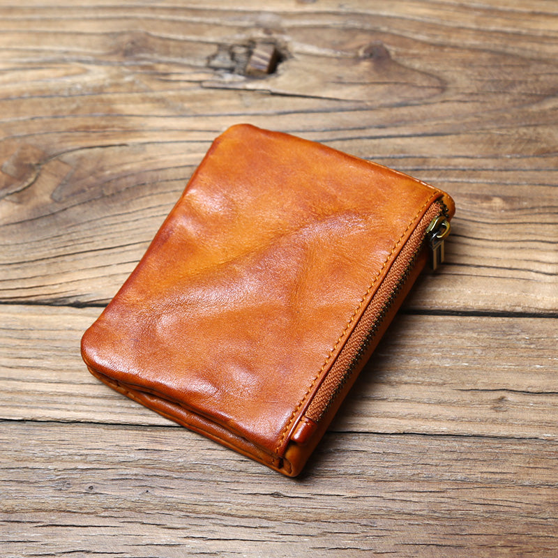 EDC Men's Handmade Burnished Vegetable-Tanned Leather Vertical Wallet - Full-Grain Cowhide Retro Card Holder