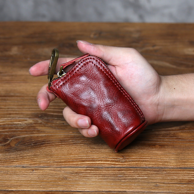EDC Vintage Handcrafted Full-Grain Vegetable-Tanned Leather Key Pouch - Multi-Functional Organizer for Men Car Key & Coin Holder