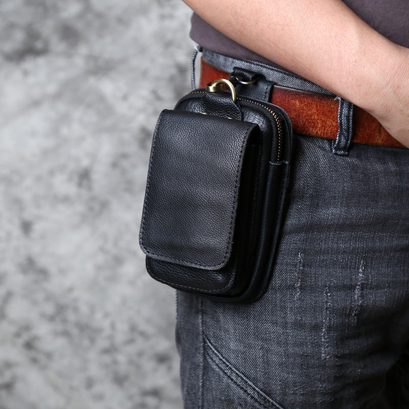 EDC Vintage Full-Grain Crazy Horse Leather Men's Belt Waist Pack - Multi-Functional Crossbody Phone Pouch