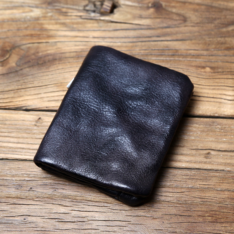 EDC Men's Handmade Burnished Vegetable-Tanned Leather Vertical Wallet - Full-Grain Cowhide Retro Card Holder
