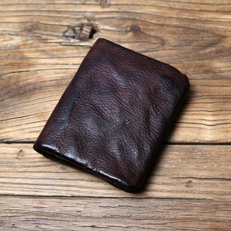 EDC Men's Handmade Burnished Vegetable-Tanned Leather Vertical Wallet - Full-Grain Cowhide Retro Card Holder