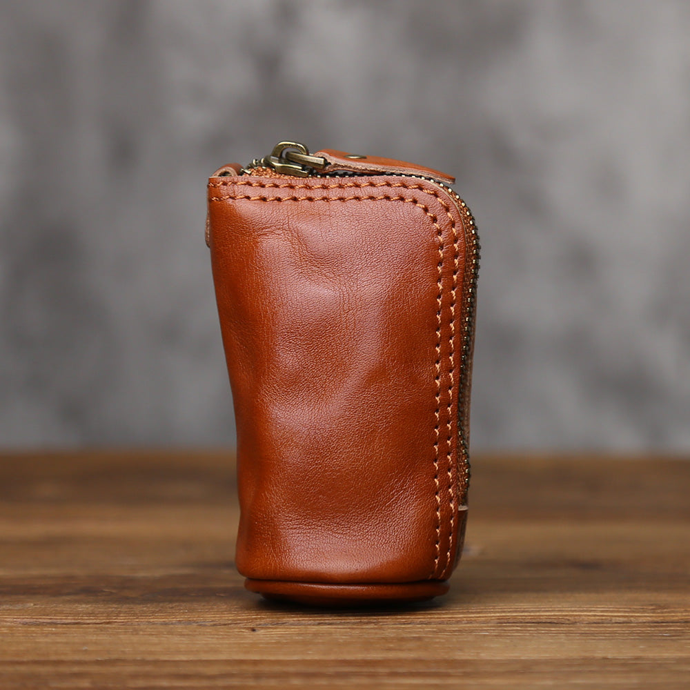 EDC Vintage Handcrafted Full-Grain Vegetable-Tanned Leather Key Pouch - Multi-Functional Organizer for Men Car Key & Coin Holder