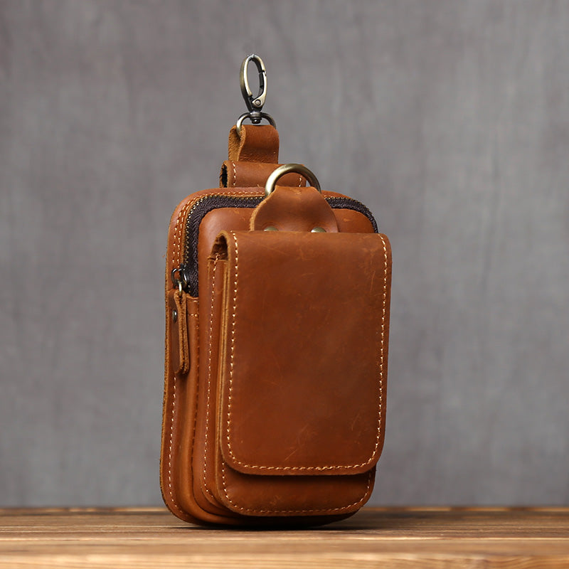 EDC Vintage Full-Grain Crazy Horse Leather Men's Belt Waist Pack - Multi-Functional Crossbody Phone Pouch