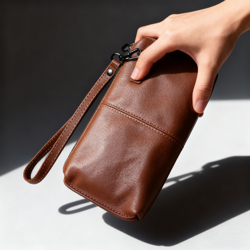 EDC Men's Full Grain Leather Clutch Wallet - Vintage Soft Handmade Zipper Phone & Cash Holder