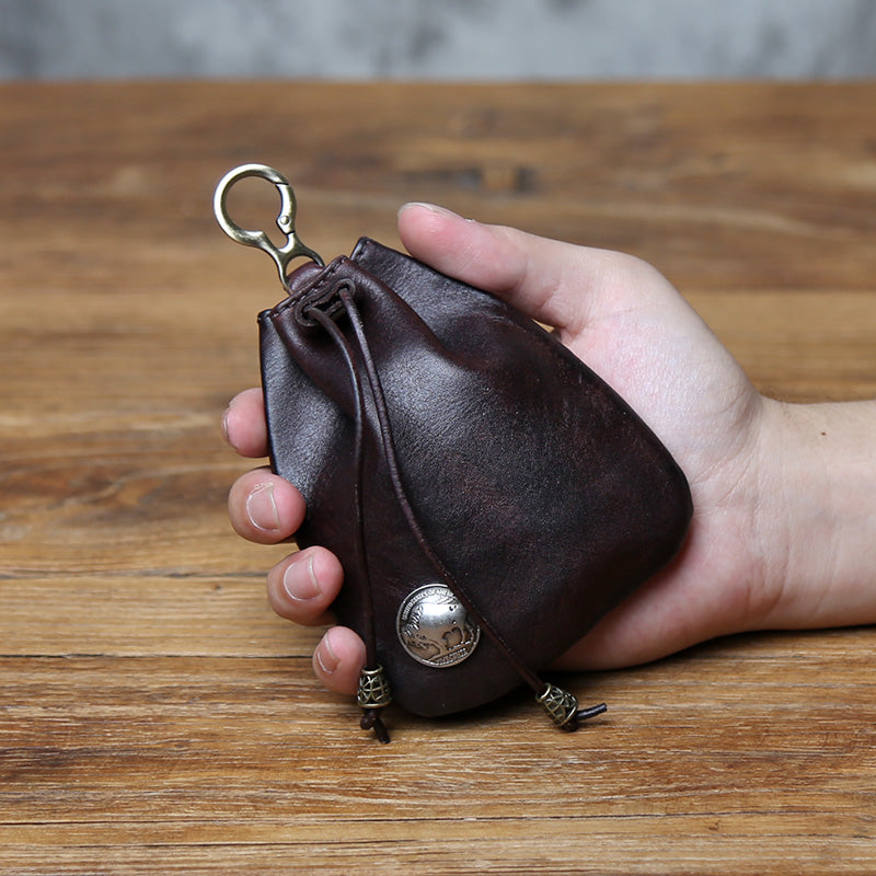 EDC Vintage Full-Grain Leather Drawstring Pouch - Coin Key & Earbud Organizer