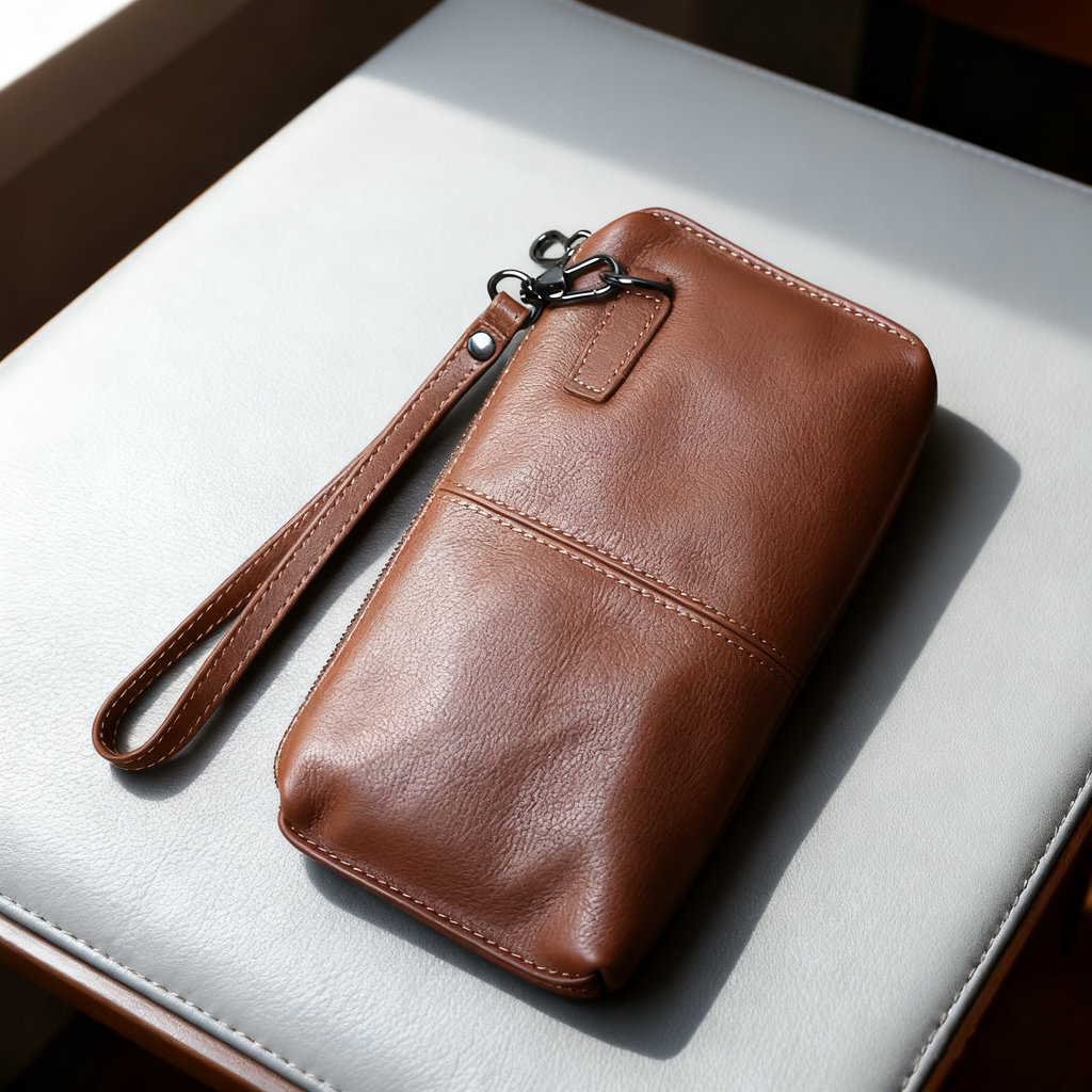 EDC Men's Full Grain Leather Clutch Wallet - Vintage Soft Handmade Zipper Phone & Cash Holder