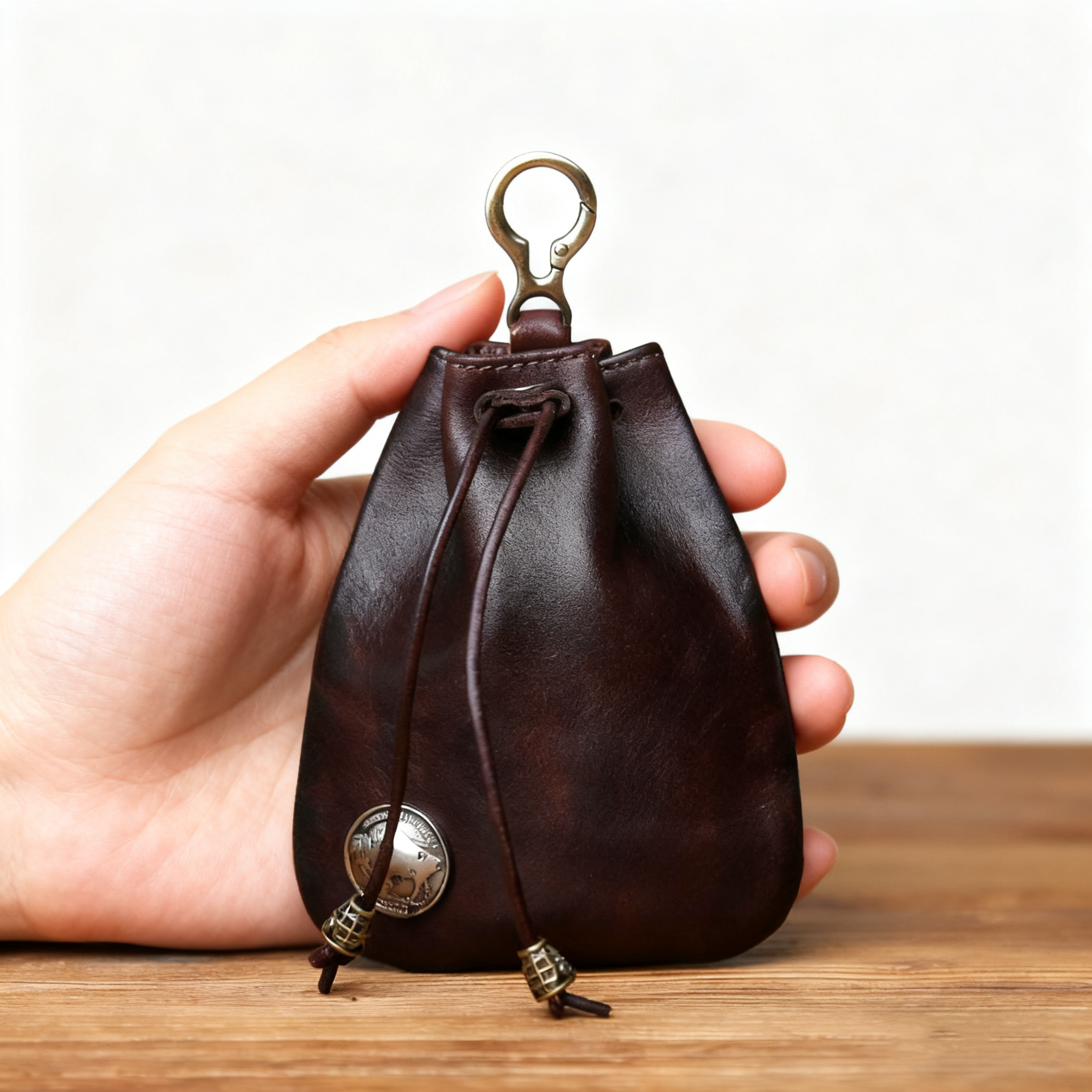 EDC Vintage Full-Grain Leather Drawstring Pouch - Coin Key & Earbud Organizer