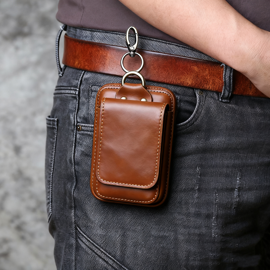 EDC Vintage Full-Grain Crazy Horse Leather Men's Belt Waist Pack - Multi-Functional Crossbody Phone Pouch