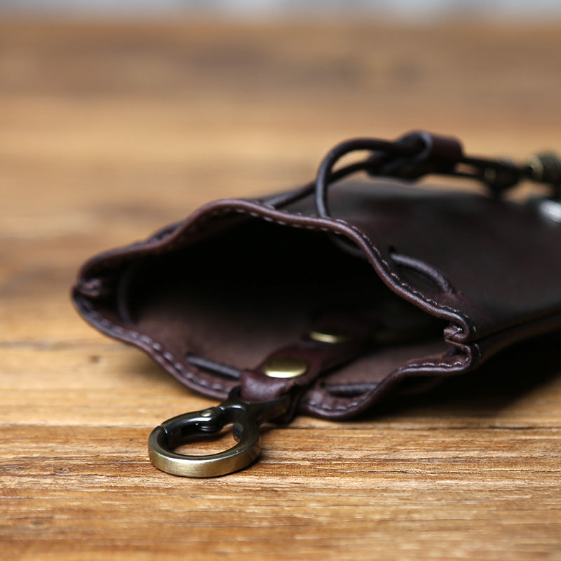 EDC Vintage Full-Grain Leather Drawstring Pouch - Coin Key & Earbud Organizer