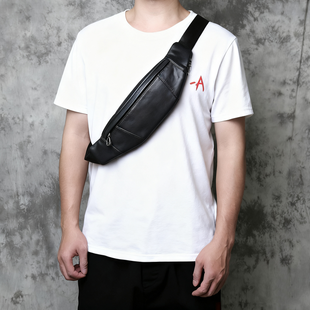 EDC Full Grain Leather Chest Pack for Men - Slim Crossbody Bag Outdoor Utility Fanny Pack with Hidden Zipper Pocket