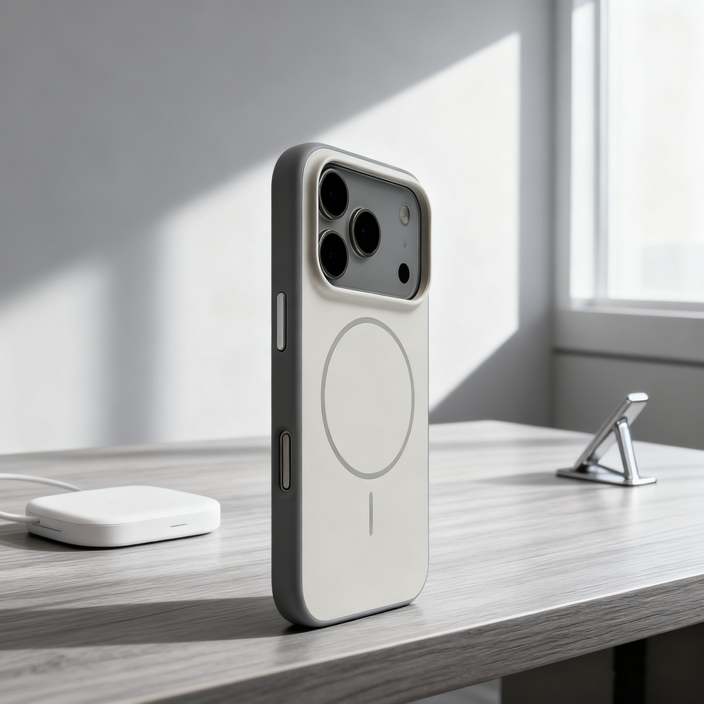 EDC iPhone 17 Pro Max Case - Gray/White Matte Skin-Feel MagSafe-Compatible Slim Ring Shockproof Eco-Silicone Full Camera Shield