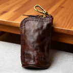 EDC Vintage Handcrafted Full-Grain Vegetable-Tanned Leather Key Pouch - Multi-Functional Organizer for Men Car Key & Coin Holder