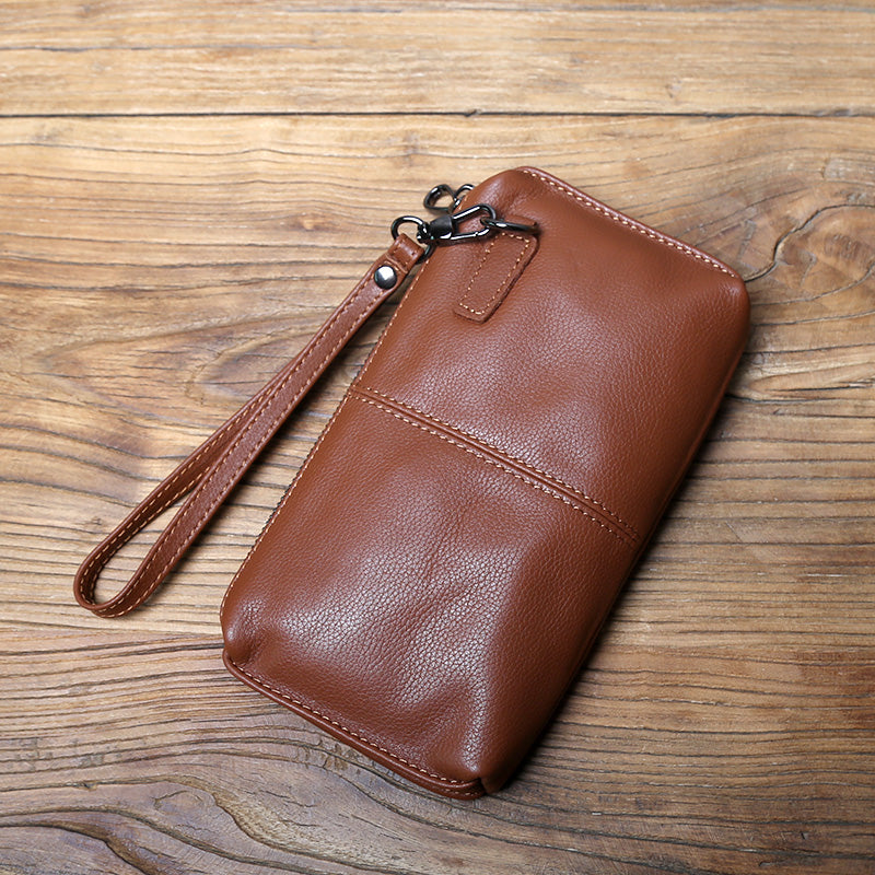 EDC Men's Full Grain Leather Clutch Wallet - Vintage Soft Handmade Zipper Phone & Cash Holder