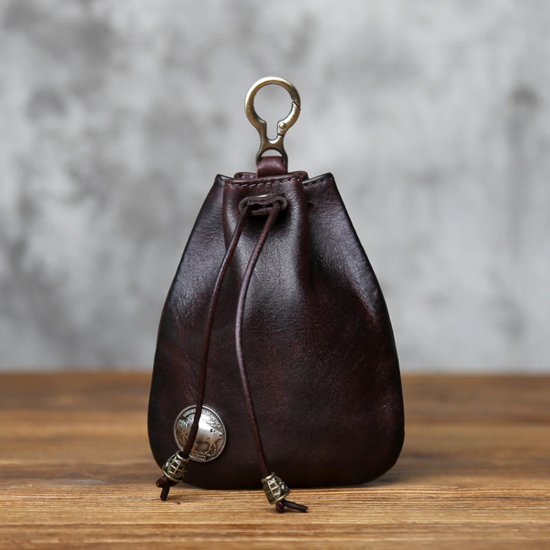 EDC Vintage Full-Grain Leather Drawstring Pouch - Coin Key & Earbud Organizer