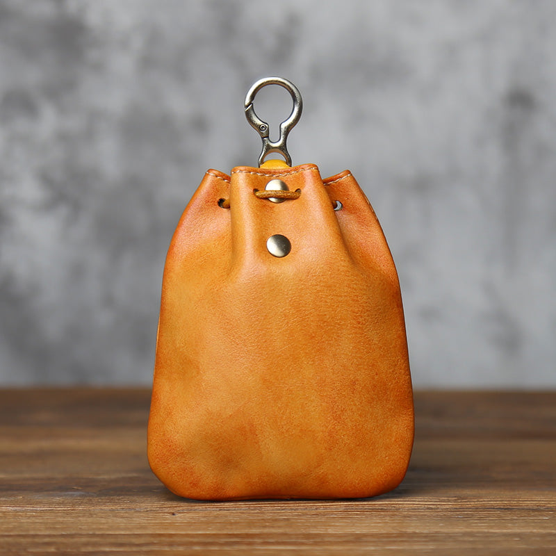 EDC Vintage Full-Grain Leather Drawstring Pouch - Coin Key & Earbud Organizer