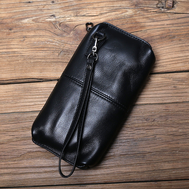 EDC Men's Full Grain Leather Clutch Wallet - Vintage Soft Handmade Zipper Phone & Cash Holder