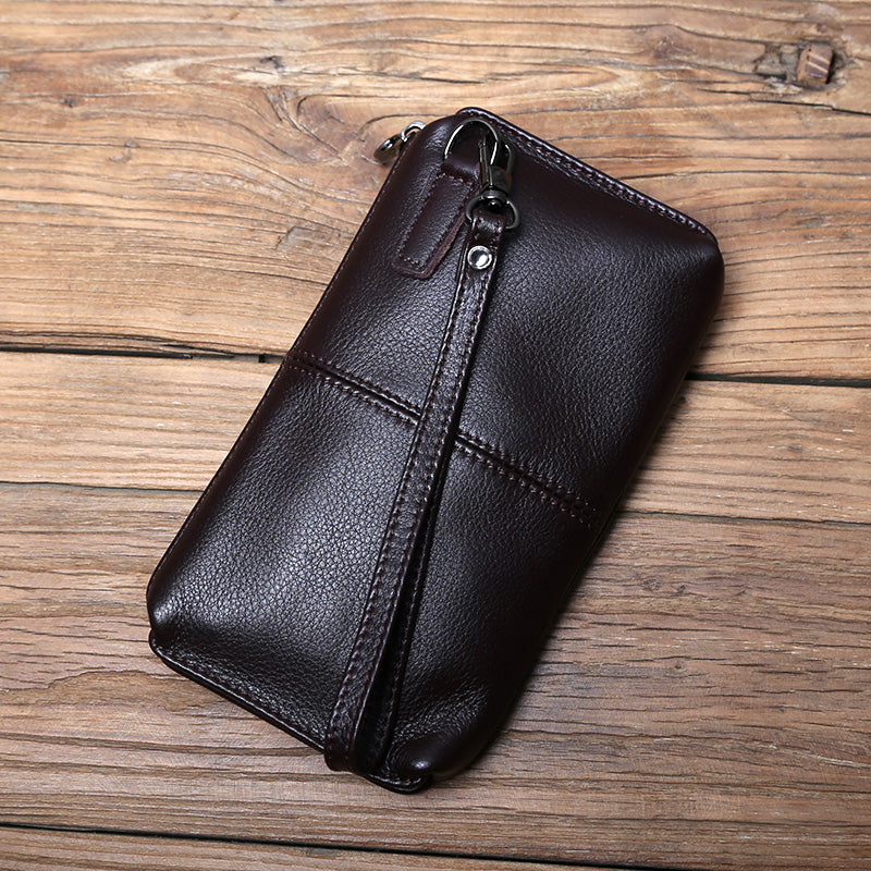 EDC Men's Full Grain Leather Clutch Wallet - Vintage Soft Handmade Zipper Phone & Cash Holder