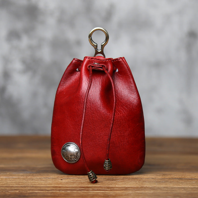 EDC Vintage Full-Grain Leather Drawstring Pouch - Coin Key & Earbud Organizer