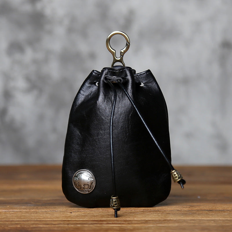 EDC Vintage Full-Grain Leather Drawstring Pouch - Coin Key & Earbud Organizer