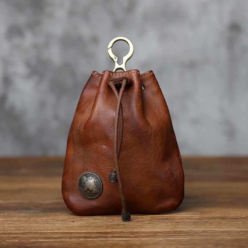 EDC Vintage Full-Grain Leather Drawstring Pouch - Coin Key & Earbud Organizer